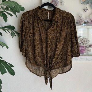 Free People Leopard Button-Up Tie-Front Blouse NWT